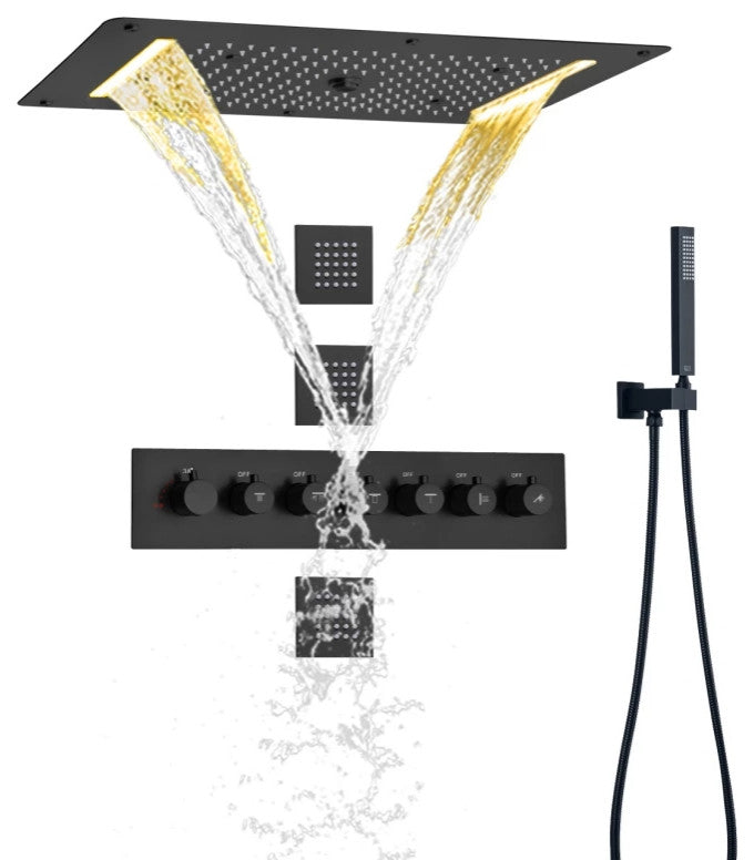 Led Mist Rainfall Shower System, Hand Shower and Jetted Body Sprays, Matte Black