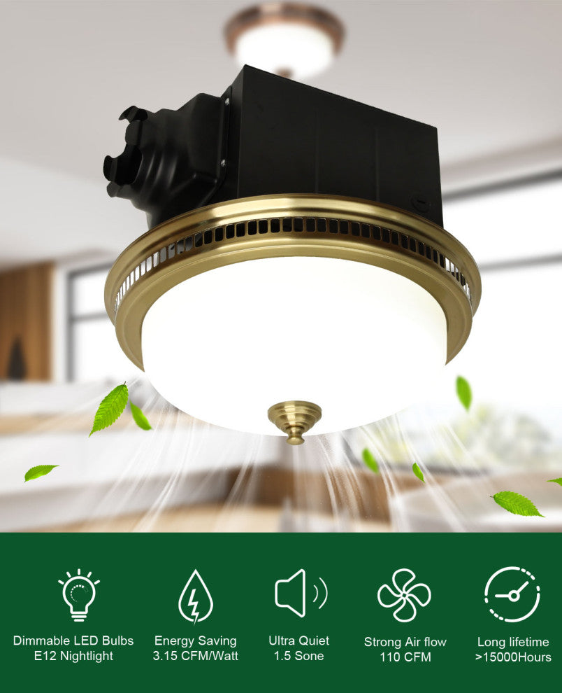 Bathroom Exhaust Fan With LED Light and Nightlight 110CFM 1.5 Sone Brushed Gold