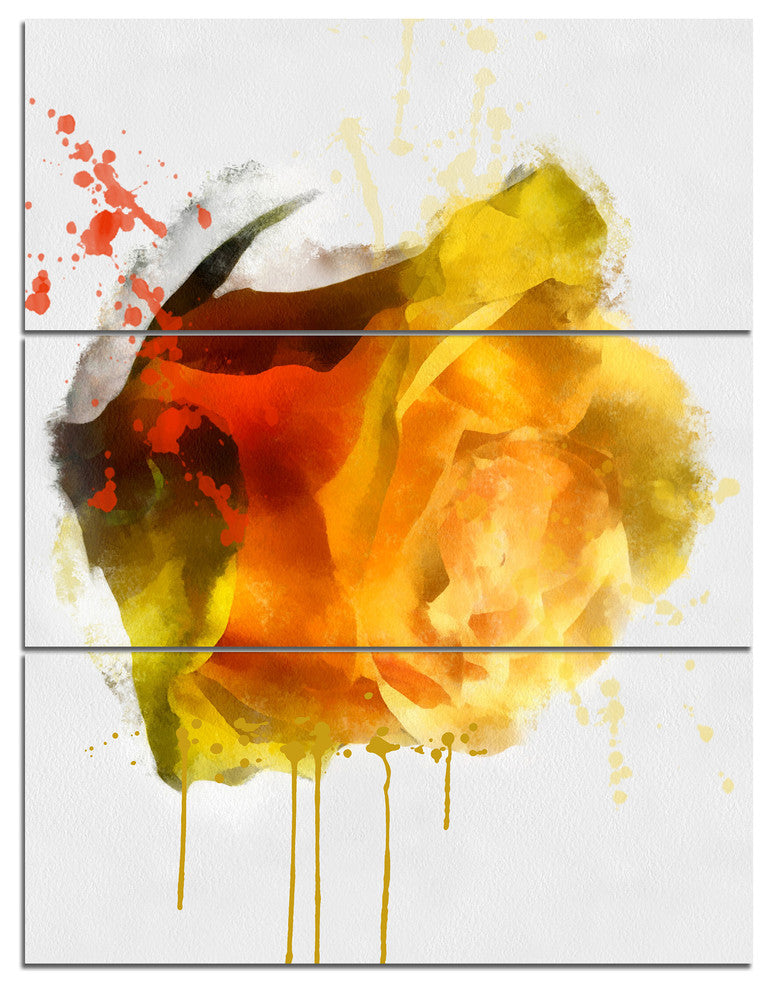 Yellow Hand drawn Rose on White, Floral Triptych Canvas Print, 28x36, 3 Panels