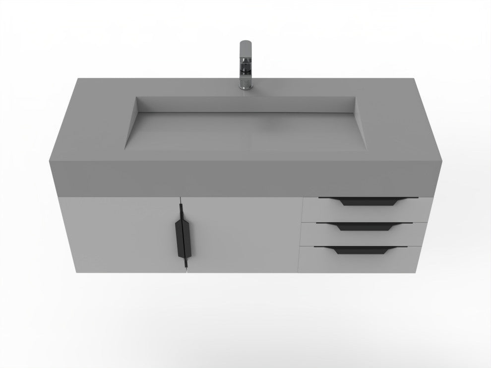 CastelloUSA Nile 48" Wall Mounted Vanity Set, Gray, Gray Top, Black Handles