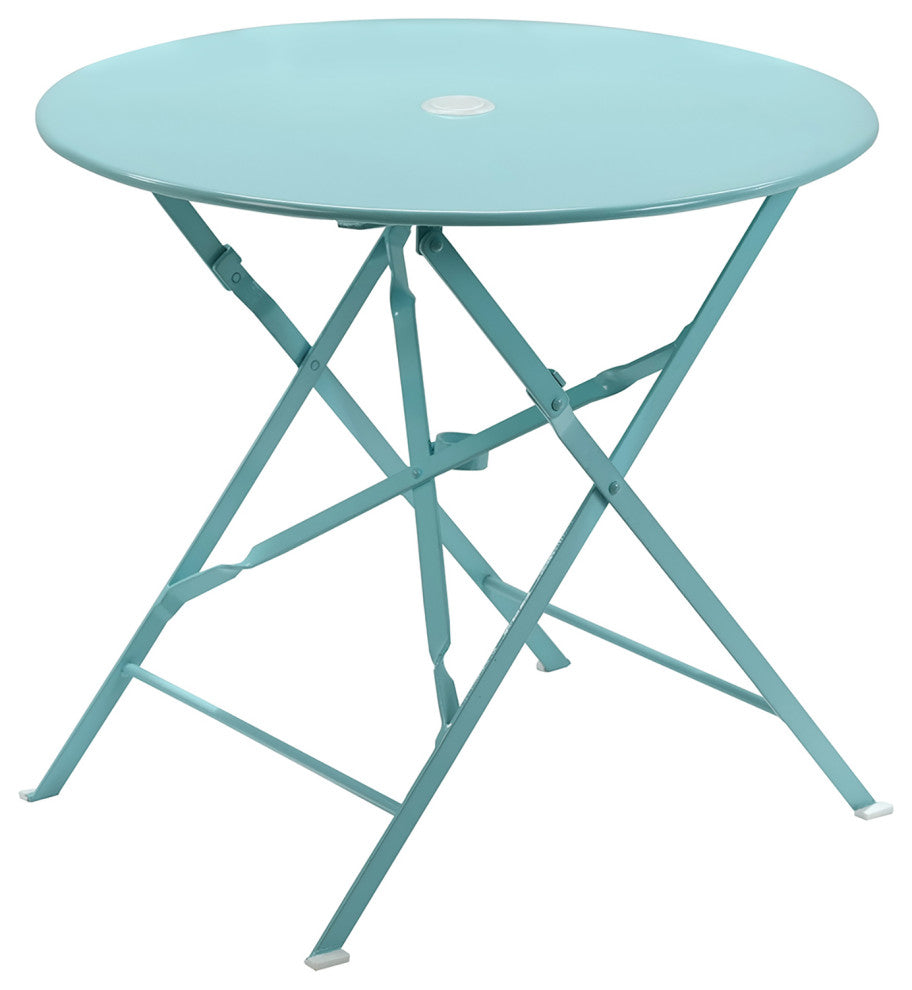 30" Round Folding Metal Bistro Table With Umbrella Hole, Teal