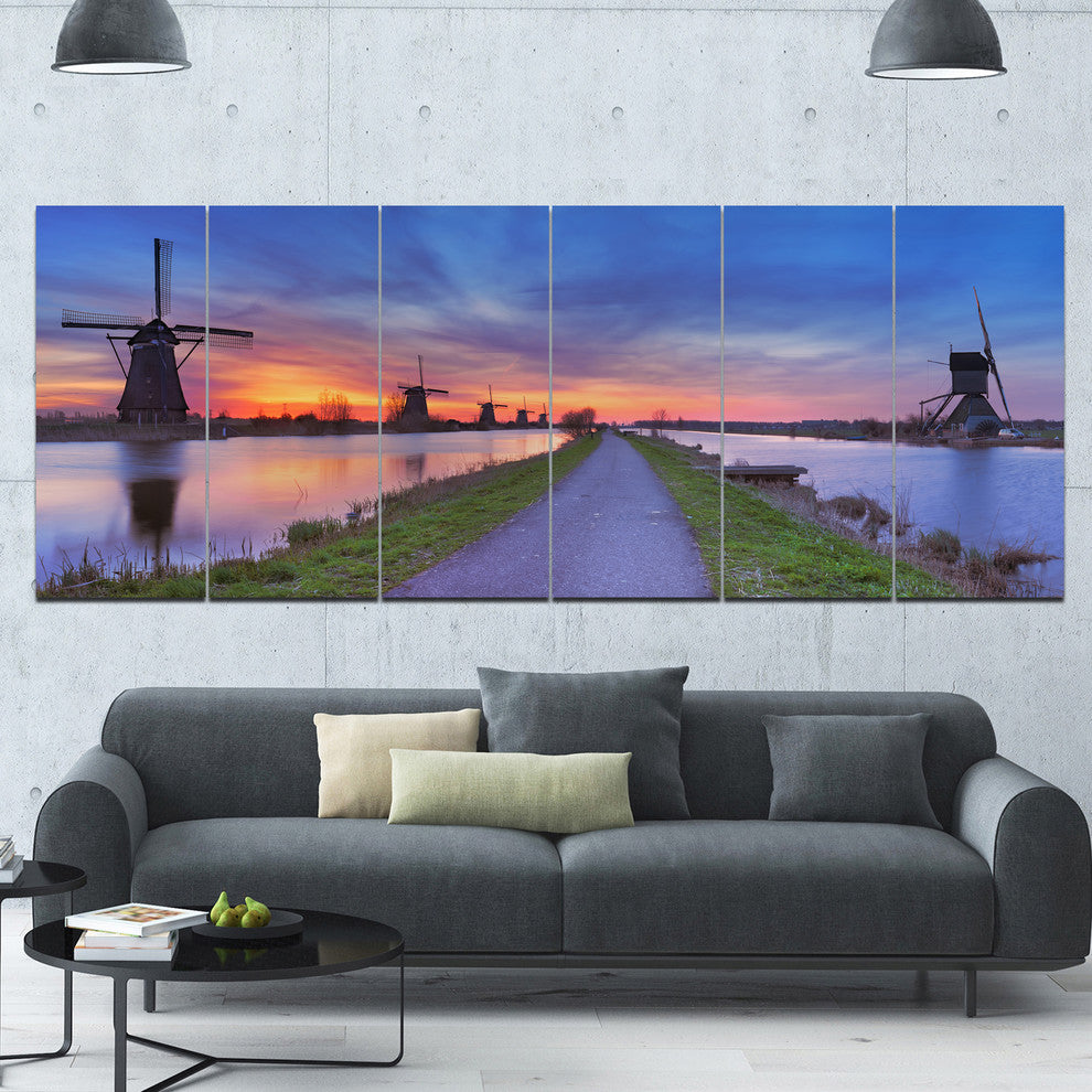 Windmills Morning Panorama, Abstract Canvas Art Print, 70"x28", 6 Panels