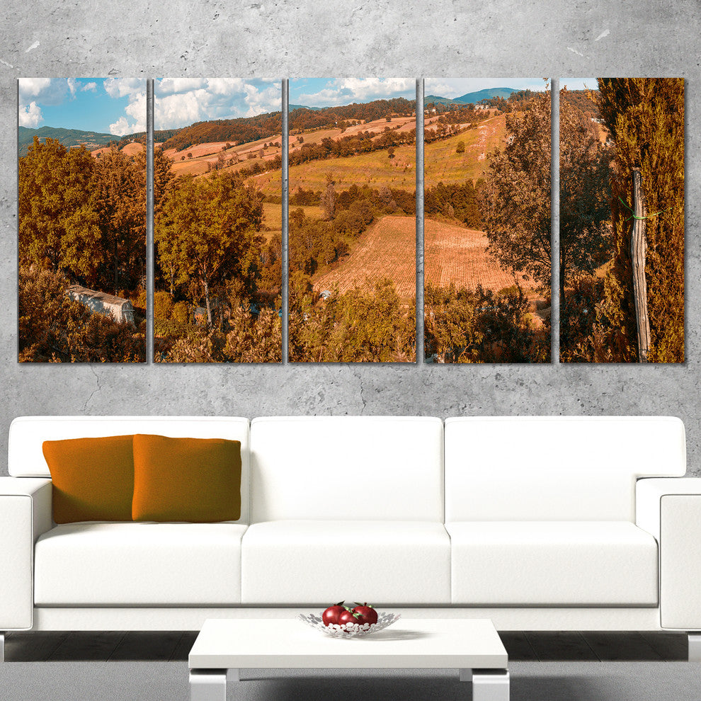 "Orange Autumn Mountains Tuscany" Landscape Print Wall Art, 5 Panels, 60"x28"
