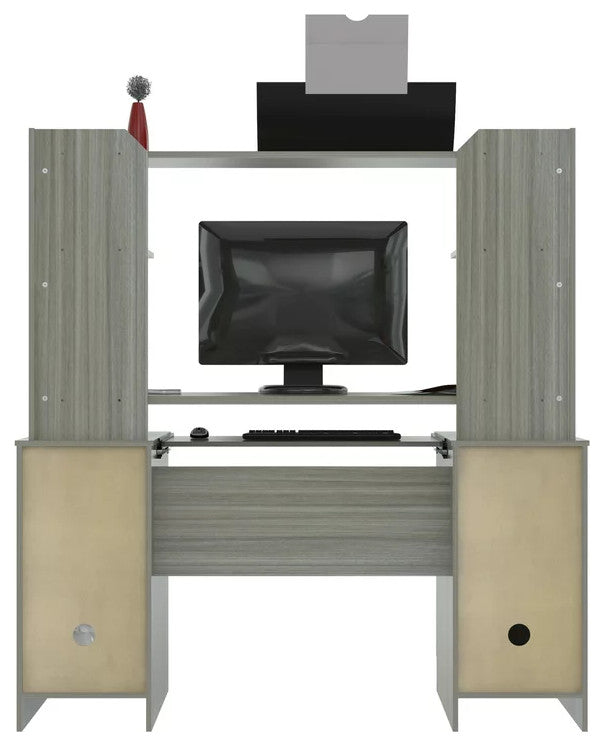 Modern Desk, Open Comparments With Storage Drawers & Metal Handles, Smoke Oak