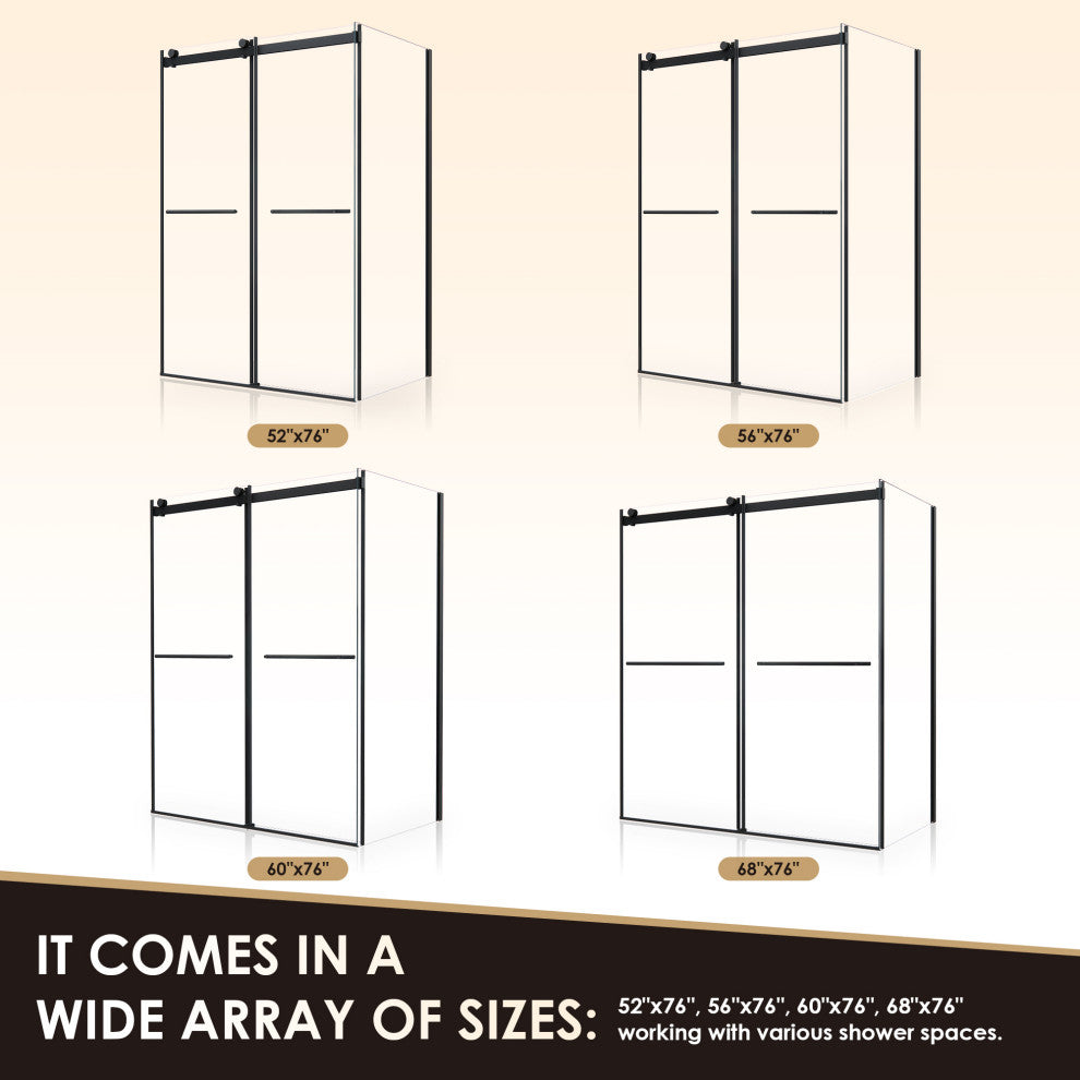 Frameless Exposed Roller Shower Enclosure, Matte Black, 52" W X 76" H