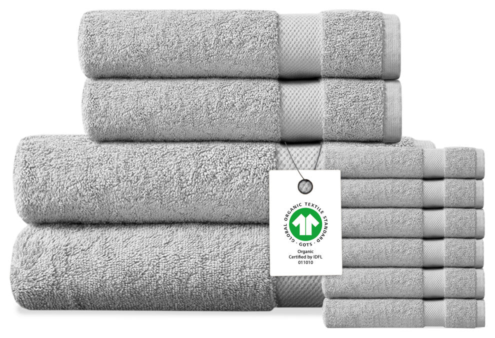 Delara 10-Piece Solid 100% Organic Cotton Plush Bath Towel Set 30"x58", Light Grey