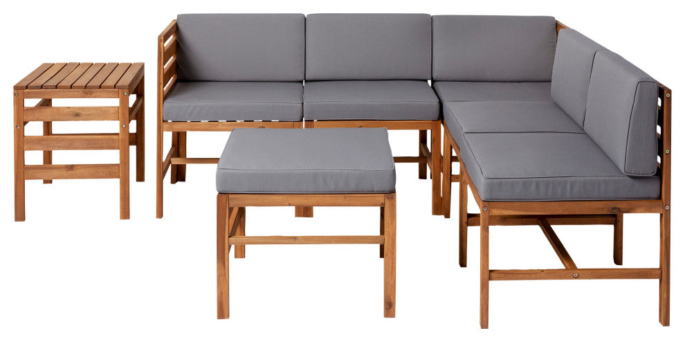 7-Piece Modular Acacia - 5 seat, Ottoman, and Side Table - Brown