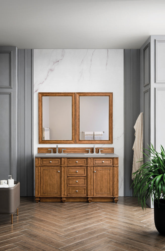 Bristol 60" Double Vanity, Saddle Brown, Gray Expo Quartz Top