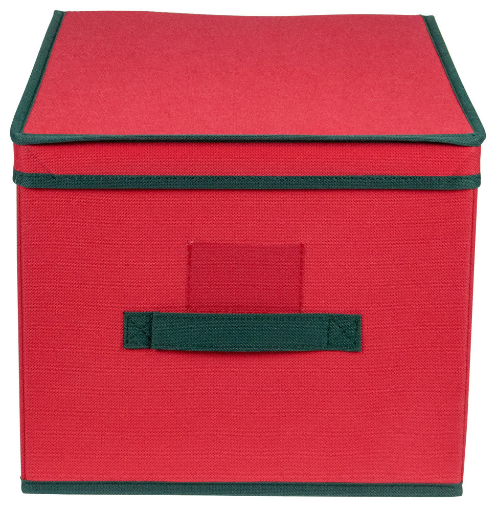 16" Red and Green Collapsible Christmas Decoration Storage Box With Handel