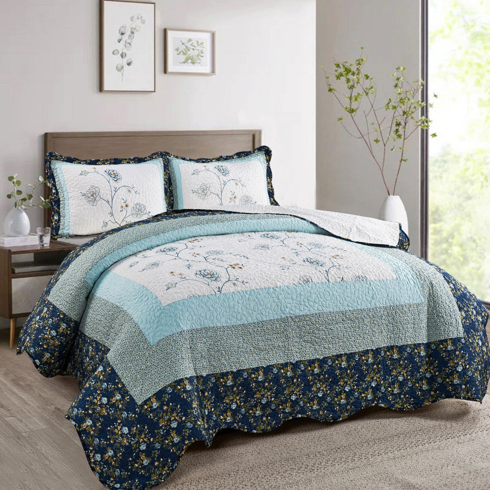 Serenta Dorset 3-Piece Bed Spread Coverlet Set, Blue, King, 102"x90"
