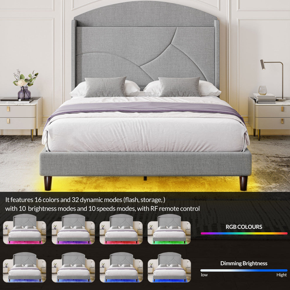 Upholstered Bed Frame W/Headboard Storage, LED Light & Outlets - Queen