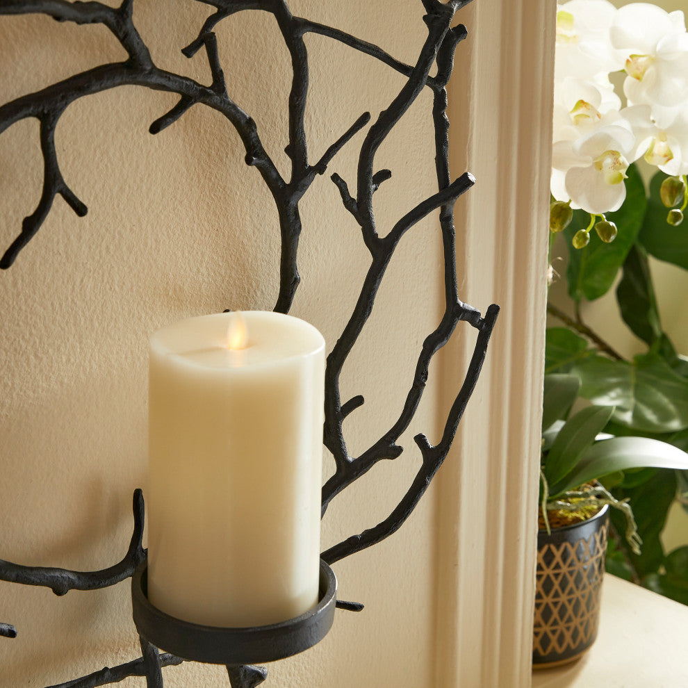 Elegant Black Metal Branch Wreath Candle Sconce Pillar Holder Twig Open Organic