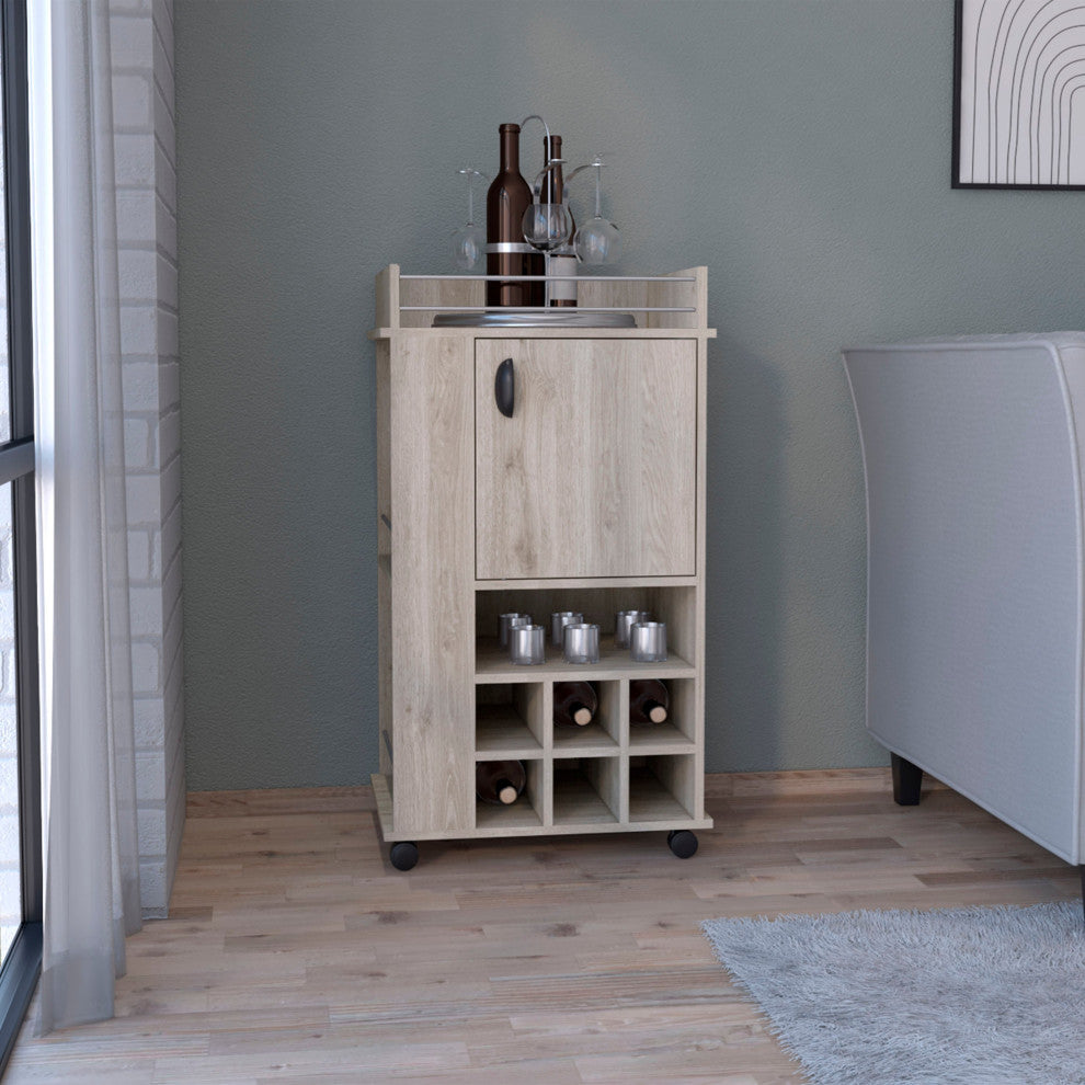 DEPOT E-SHOP Fraser Bar Cart with 6 Built-in Wine Racks and Single-Door Cabinet