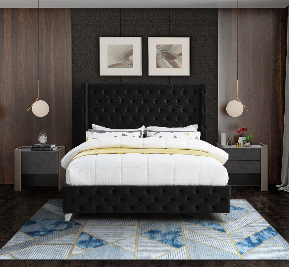 Savan Velvet Upholstered Bed, Black, Full