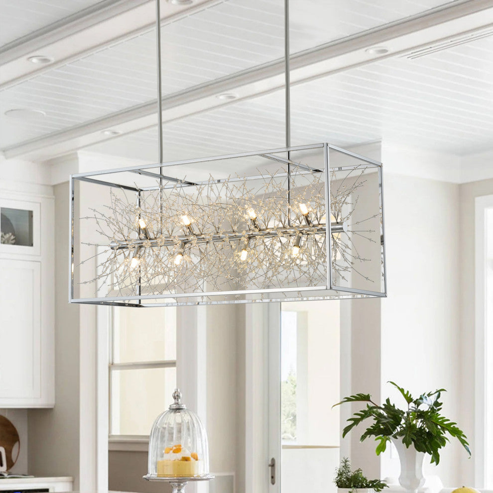 Farmhouse 12-Light Rectangle Kitchen Island Chandelier with Crystal Branch, Chrome