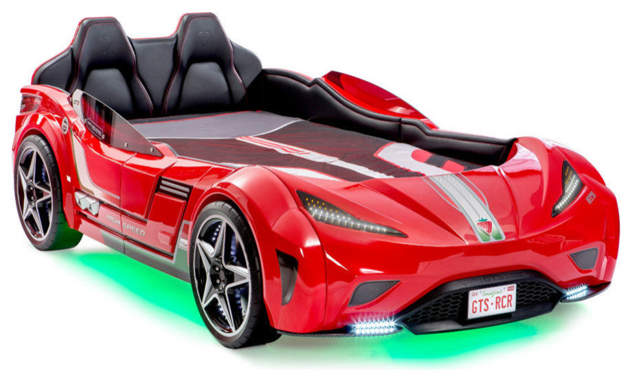 GTS EV Twin-Size Race Car Bed, Remote Control, LED Lights, EV Sound FX, Red