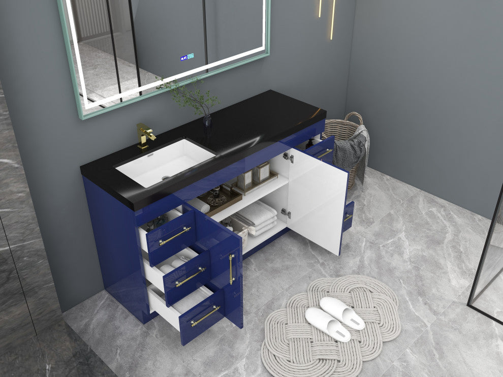 Rosa 60" Free Standing Modern Vanity, High Gloss Night Blue, Matt Black Top