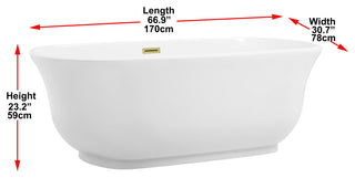 Charlie 67" Soaking Bathtub, Glossy White With Brushed Gold Trim