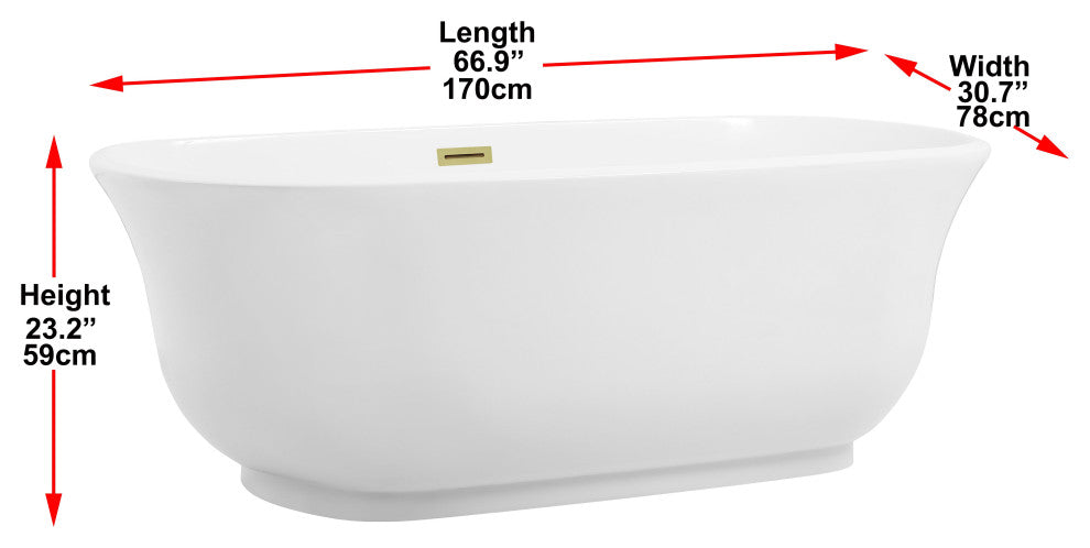 Charlie 67" Soaking Bathtub, Glossy White With Brushed Gold Trim