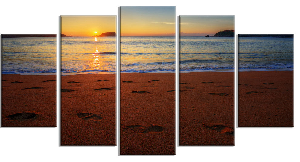 Foot printed Sandy Ocean Beach, Large Seashore Canvas Print, 60"x32", 5 Panels