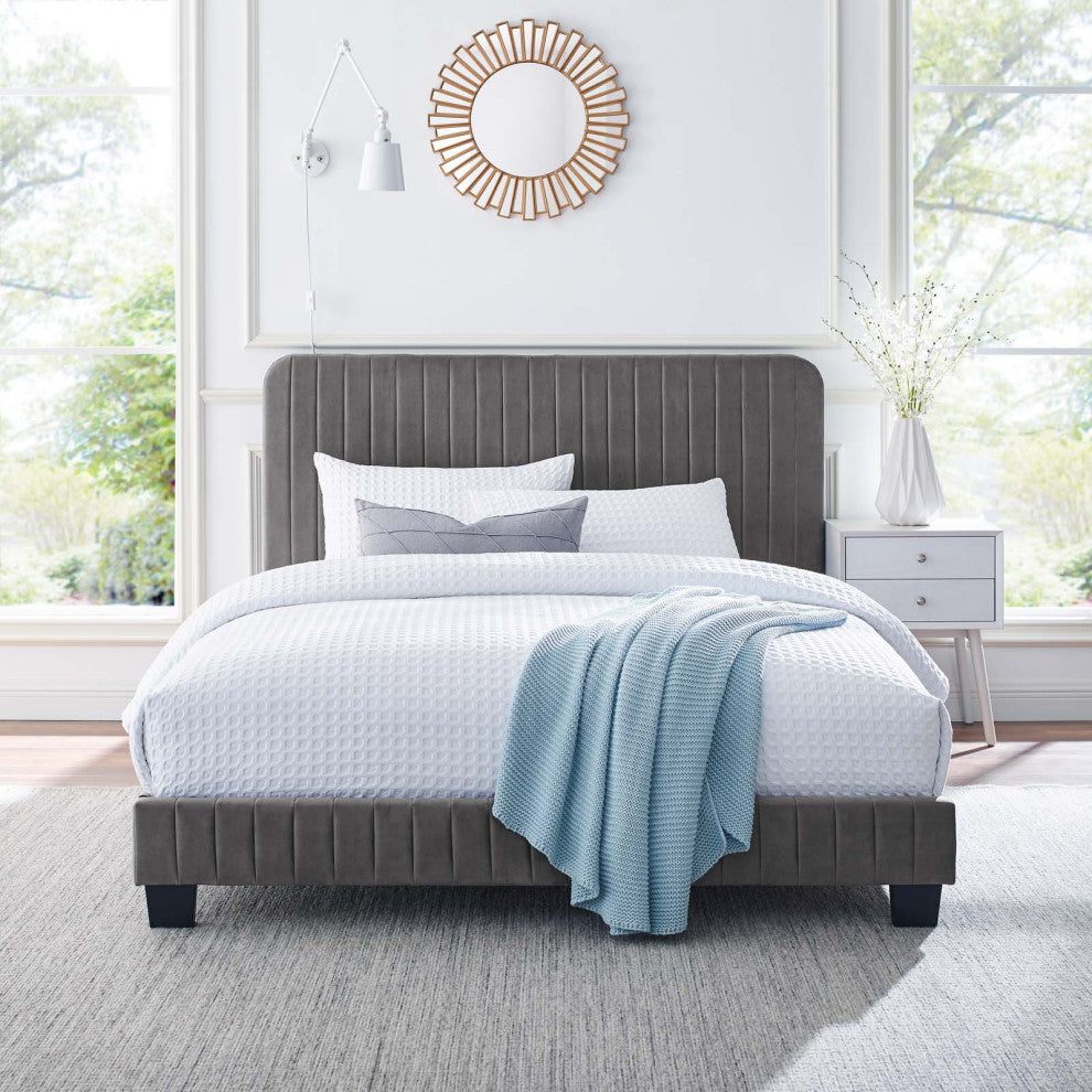 Tufted Platform Bed Frame, Twin Size, Velvet, Grey Gray, Modern Contemporary