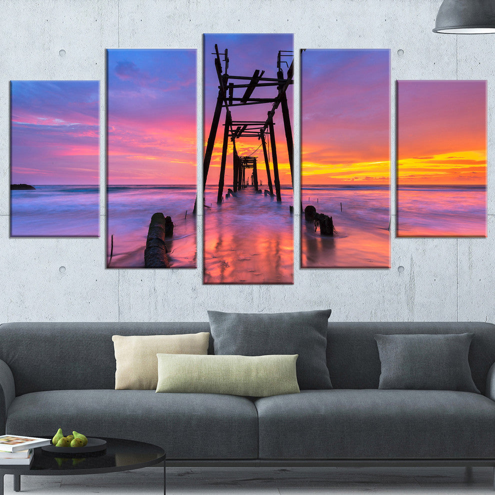 "Discarded Wooden Bridge At Sunset" Sea Pier Wall Art, 5 Panels, 60"x32"
