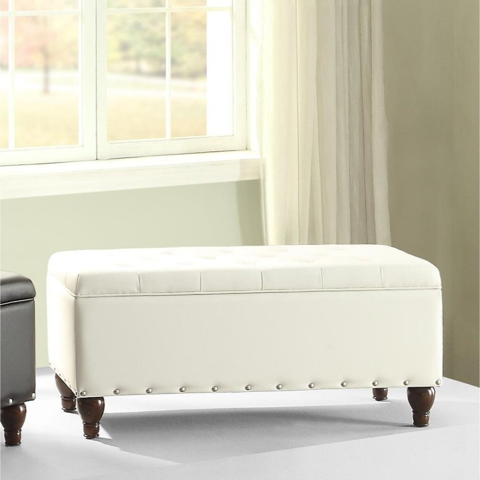 Upholstered Nail Head Trimmed Storage Bench, White