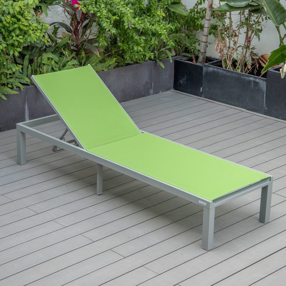 LeisureMod Marlin Patio Chaise Lounge Chair With Gray Frame, Green