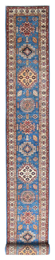 Denim Blue Soft Wool Hand Knotted Afghan Super Kazak XL Runner Rug, 2'6"x33'6"