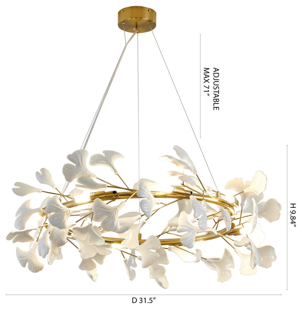 8-Light Brass Chandelier With Matte White Leaf Petals