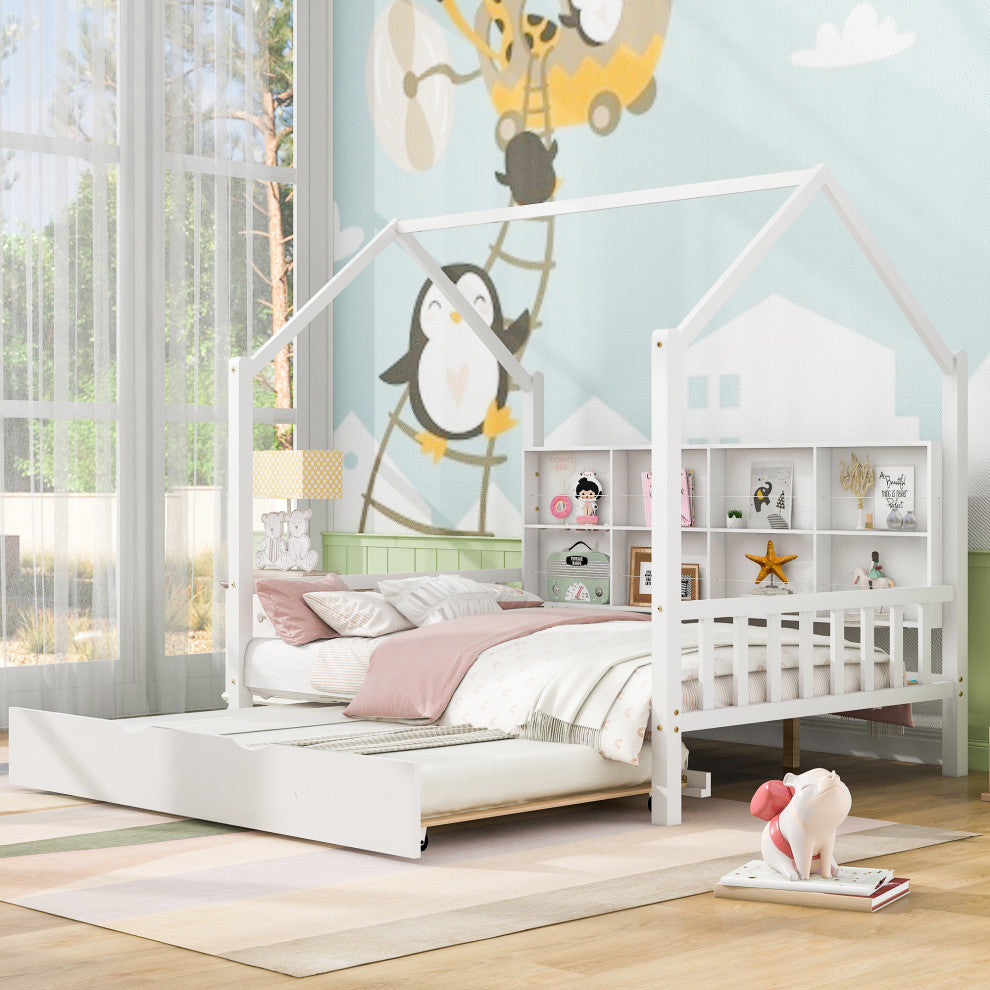 Gewnee Wood Full Size House Bed with Trundle for Kids in White