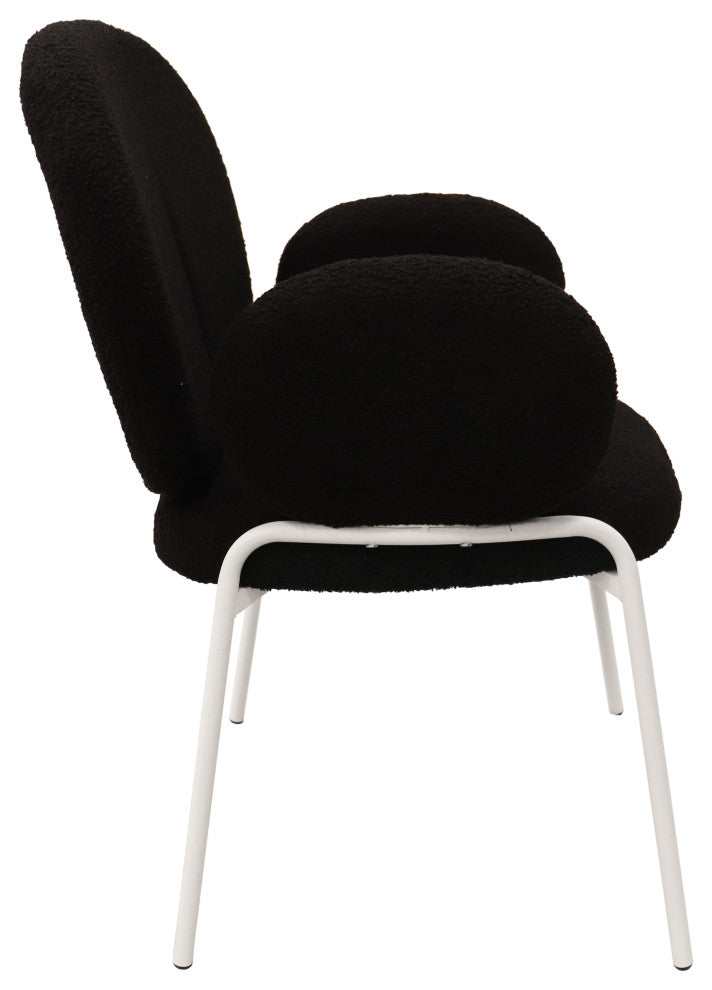 Celestial Boucle Dining Chairs With Arms, White Iron Legs, Black