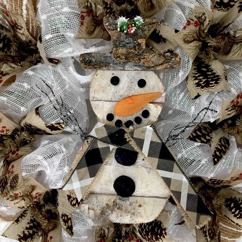 Rustic Woodland Snowman Winter Or Holiday Wreath Handmade Deco Mesh #snowman wre