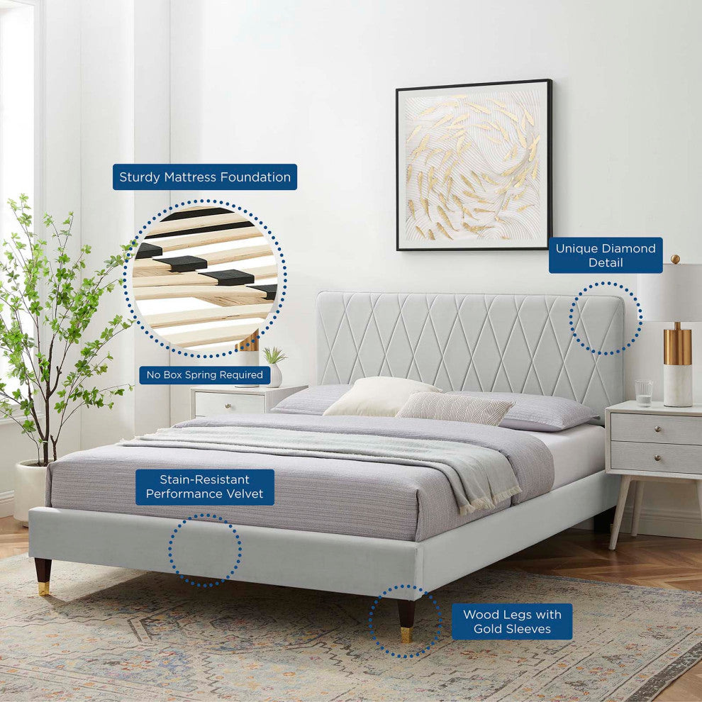 Platform Bed Frame, Queen Size, Velvet, Light Gray, Modern Contemporary