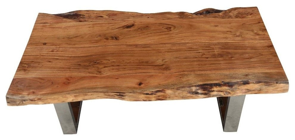 Natural Acacia Wood & Steel Rustic Live Edge Coffee Table