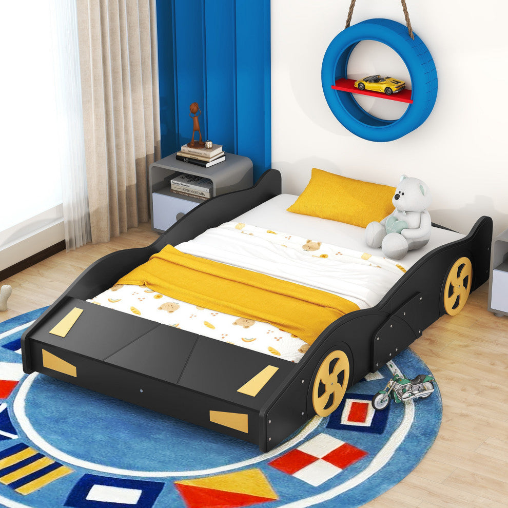 Gewnee Full Size Race Car-Shaped Platform Bed with Wheels and Storage