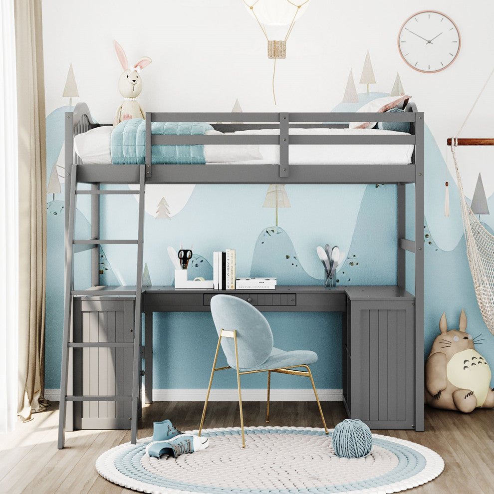 Gewnee Wood Twin Loft Bed with Drawers, Shelves and Desk in Gray