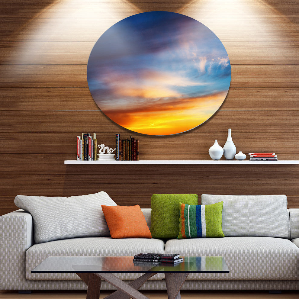 Sunset Dramatic Yellow Sky Clouds, Seashore Disc Metal Wall Art, 36"