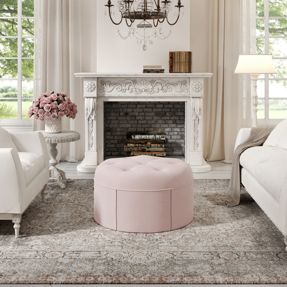 Rustic Manor Aiza Ottoman, Upholstered, Linen, Light Pink
