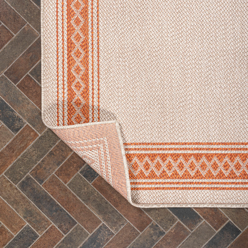 Lucia Classic Diamond Border Indoor/Outdoor Area Rug, Cream/Orange, 2x8