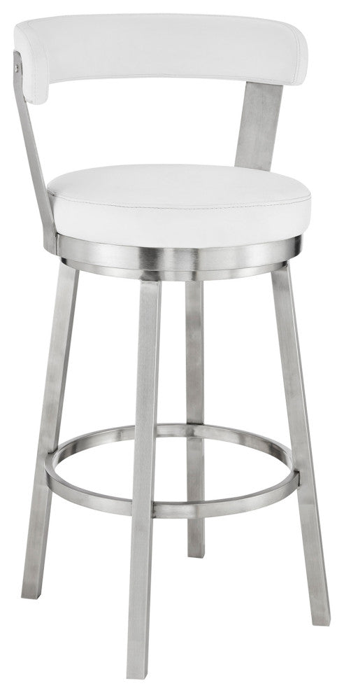 Kobe 26" Swivel Bar Stool, Stainless Steel Finish and White Faux Leather