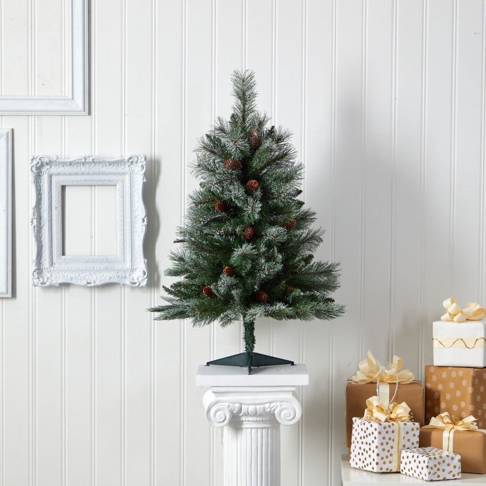 3' Snowed French Mountain Pine Faux Xmas Tree W/Bendable Branches & Pinecones