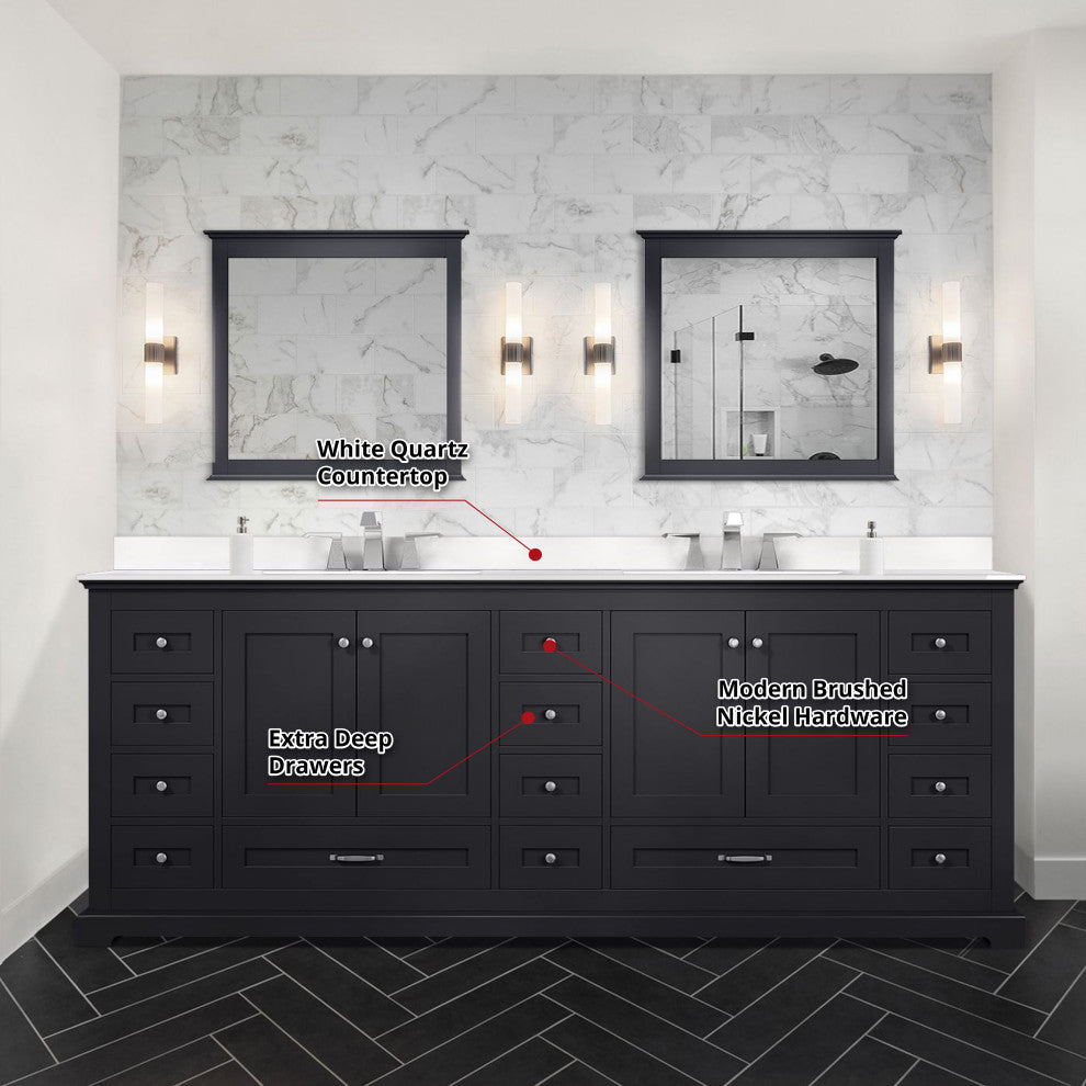 Dukes 84" Espresso Double Square Sink Vanity with Quartz Top, With Mirror and Fa