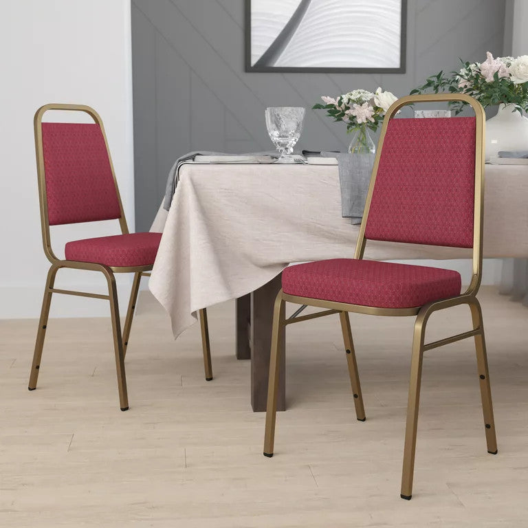 4 Pack Dining Chair, Padded Seat & Trapezoid Back, Burgundy Pattern Fabric/Gold