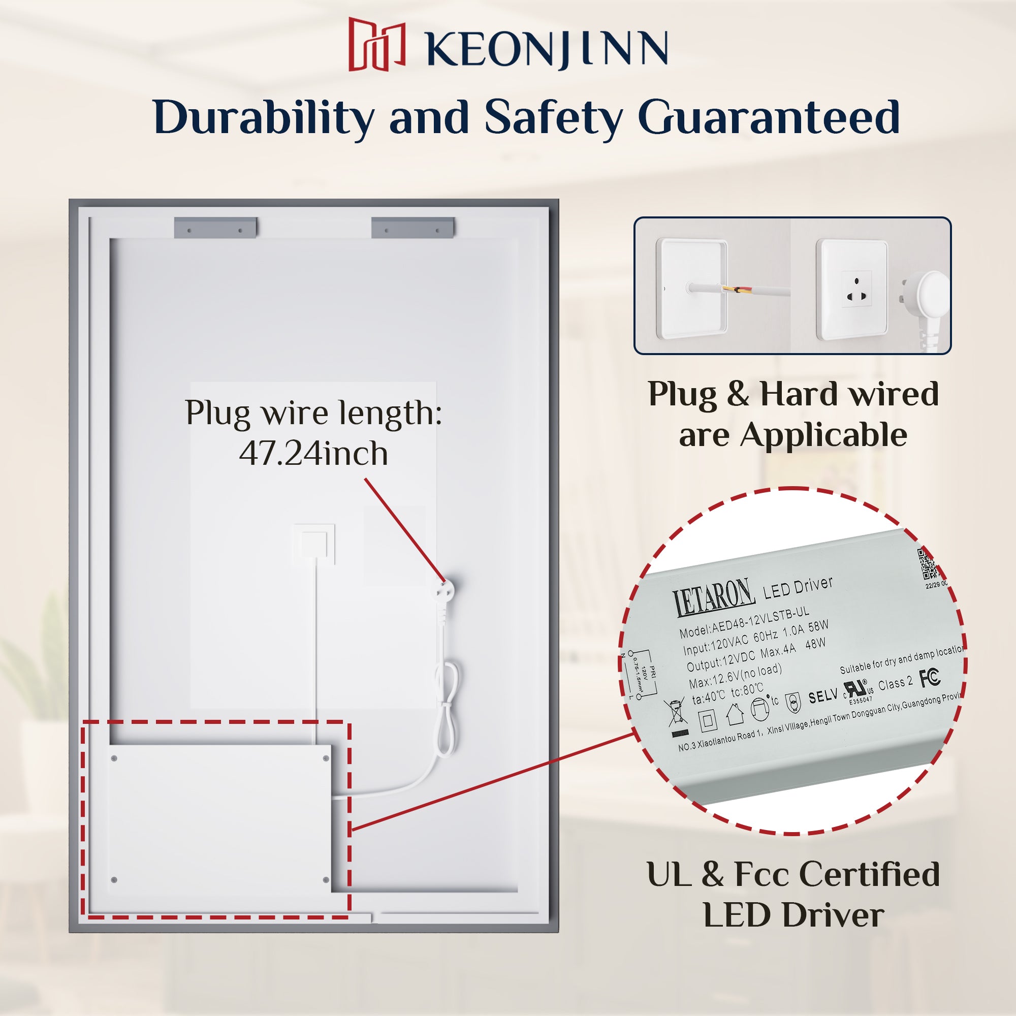 Backlit LED Mirror for Bathroom, Anti-Fog Dimmable, Silver, 36x28