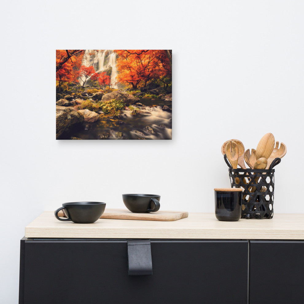 Waterfall in the Autumn Golden Shadow Effect Landscape Photo Canvas Art Print, 12" X 16"