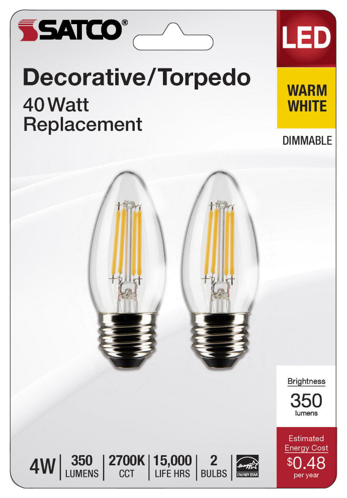 4W B11 LED, Clear, Medium Base, 2700K, 350 Lumens, 120V, 2-Pack