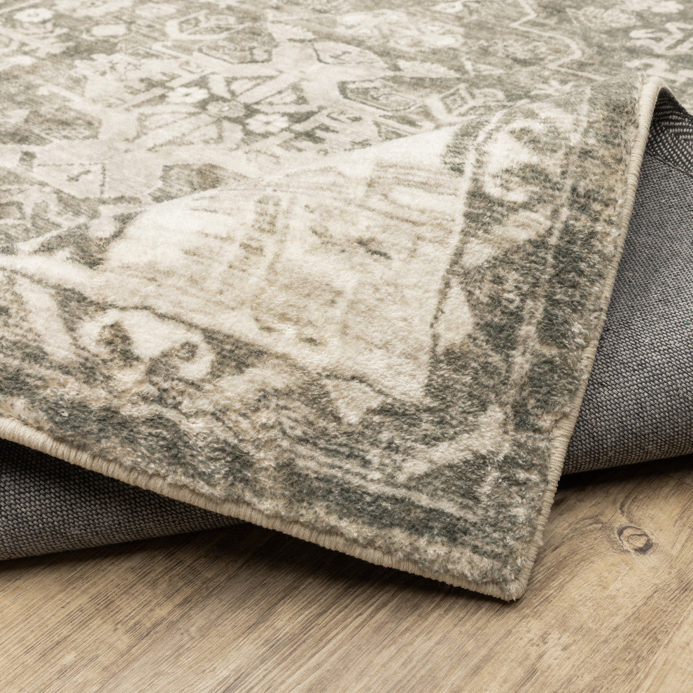 Sanjay Vintage Double Medallion Charcoal/Ivory Microfiber Area Rug, 7'8"x10'