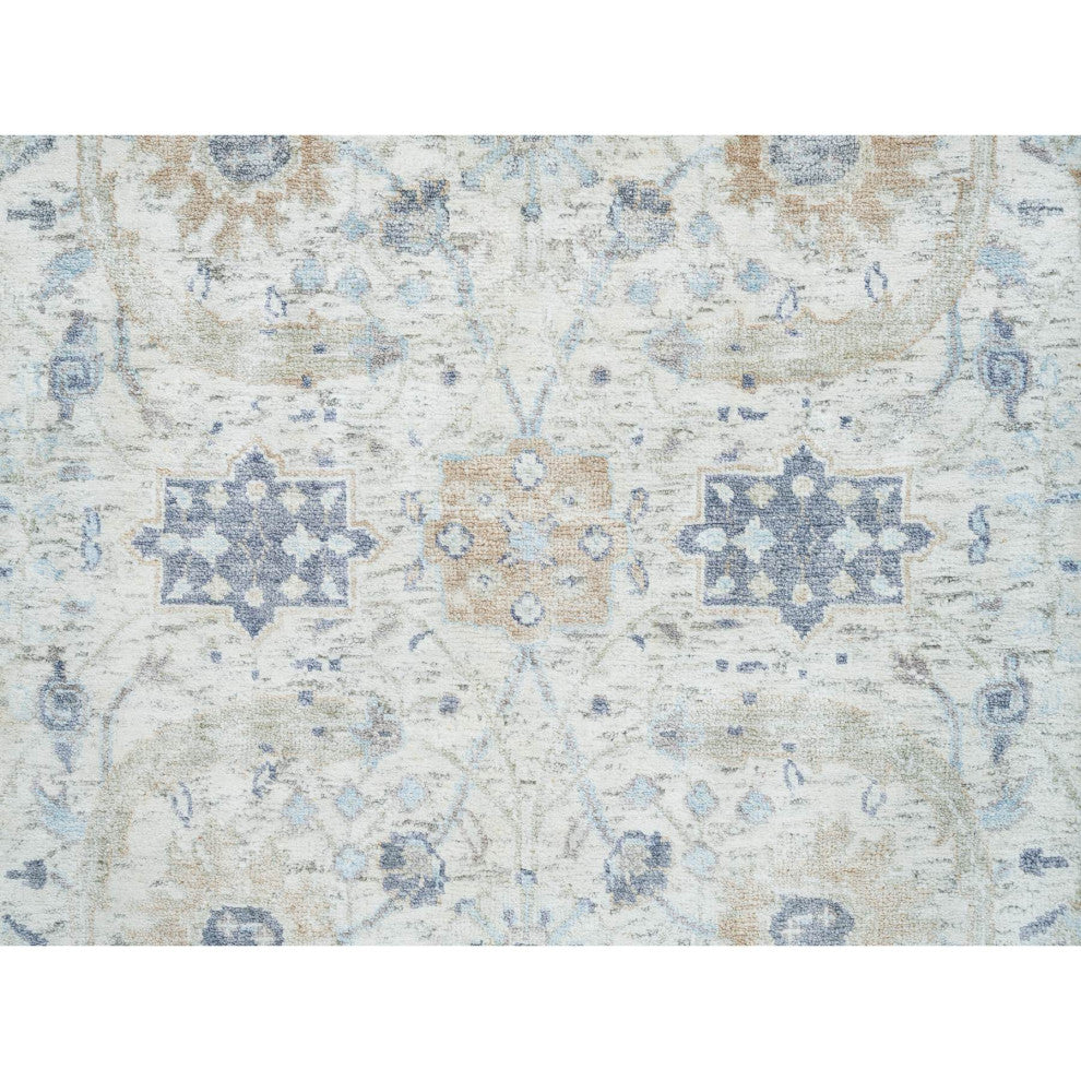 Ivory Silk With Wool Hand Knotted Sickle Leaf Design XL Runner Rug, 2'6"x23'10"