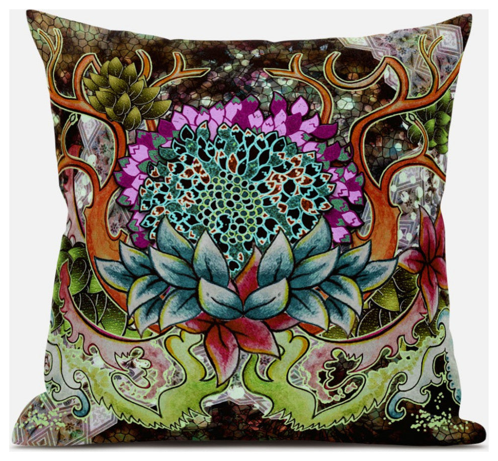16" Green Orange Flower Bloom Suede Throw Pillow